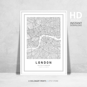 Afdrukbare kaarten Londen VK, kaart van Londen, afdrukbare kaart met hoge resolutie, modern interieur, kaartgeschenken, cadeau-ideeën, reisposter kunst Londen