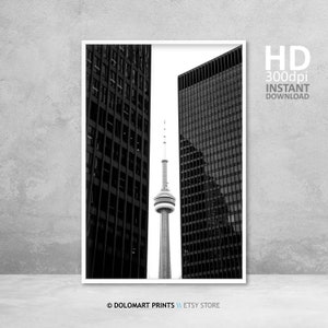 Toronto Architecture Print, Toronto CN Tower Poster, Toronto Canada Poster, Digital Prints Download, Black And White Architecture Print