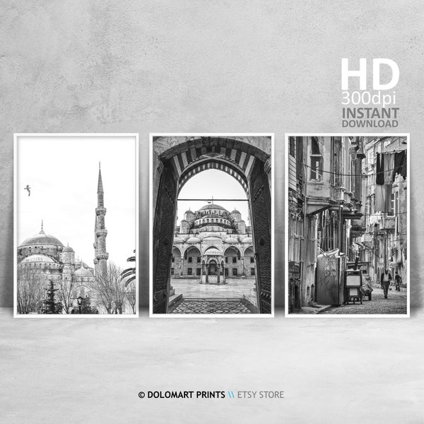 Istanbul Set of 3 prints, Black White Istanbul 3 pieces wall art, Turkey street photography, Travel Gift Idea, Office Decor, Great Mosque