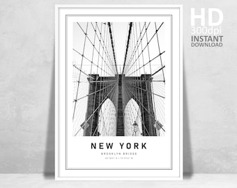 Stampa del Ponte di Brooklyn, fotografia in bianco e nero (download digitale)
