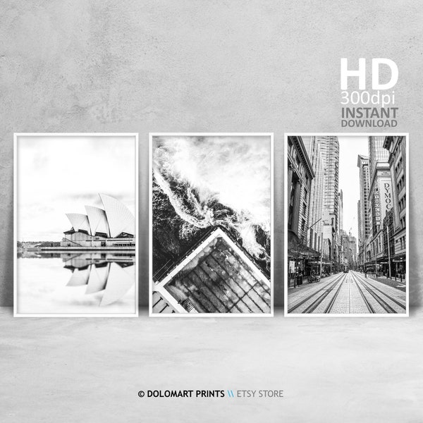 Sydney Architecture Prints Gallery, Set of 3 Black and White Printable Sydney CBD Street Photography Wall Art, Sydney Opera Poster Download