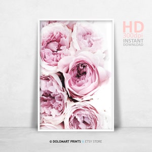 Impresión de peonías rosas, arte de pared con rosas, peonías imprimibles, decoración de habitación con flores rosas, descarga digital, póster de flores, fotografía de peonías, fotografía floral