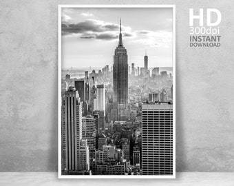 New York Print, Empire State Building Print, New York Skyline Wall Art, New York Black and White Decor, New York Printable Poster, Travel