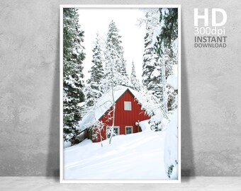 Winter Cabin Print, Red Cabin in Snow, Forest Landscape (Digital Download)