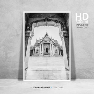Bangkok Architecture Print, Bangkok Wall Art, Bangkok Travel Poster, Black And White Photography, Retro Printable Thailand Boho Decor Photo