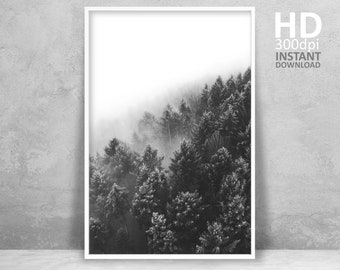 Foggy Forest Print, Black and White Mountain Landscape (Digital Download)