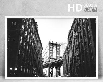 Fotografía en blanco y negro del Puente de Brooklyn, arte mural de la ciudad de Nueva York (descarga digital)