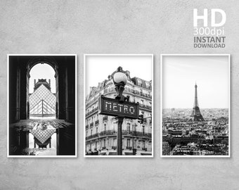 Paris Photography Prints, Eiffel Tower, Louvre, Black and White (Digital Download)