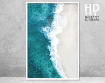 Ocean Beach and Waves Modern Printable Art, Modern Minimal Beach Photography Art, Blue Ocean Printable, Digital Download Beach Print, Summer