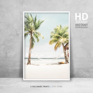 Wydruk fotografii plażowej, Tropikalna sztuka ścienna, Wydruk palmy, Dekoracja ścienna domku letniego, Sztuka ścienna z wakacjami na plaży, Sztuka ścienna z plażą w stylu vintage