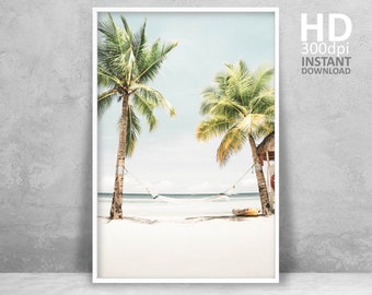 Tropical Beach Palm Tree Print, Vintage Summer Wall Art (Digital Download)