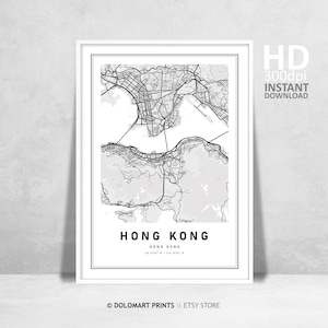 Hong Kong druckbare Karten, Karte von Hong Kong, hochauflösende druckbare Karte, moderne Wohndekoration, Karte Geschenke, Geschenkideen, HK Travel Poster Art