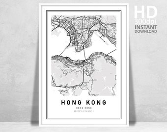 Hong Kong Map Art Print, Modern Home Decor (Digital Download)
