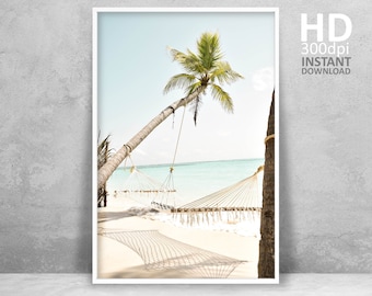 Vintage Palm Tree Beach Print, Tropical Coastal Wall Art (Digital Download)