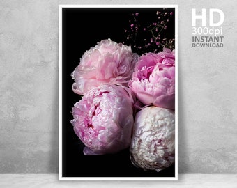 Peonies Art Printable, Rose Wall Art, Peony Printable, Pink and Black Floral Room Decor, Pink Flower Poster, Peony Fine Art Photography