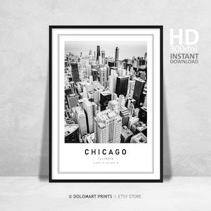 Chicago Print, Chicago Illinois Poster, Unique Wall Art Decor, Chicago Skyline Black and White Coordinates, United States Travel Poster Gift