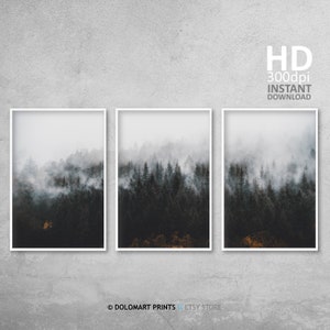 Nordic Minimal Wald Landschaftsdrucke Set, Nebliger Wald Teal Poster Set, Nordischer Nadelwald Poster Set, Skandinavischer Minimal Wald