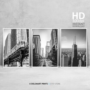Chicago Set of 3 Black and White Prints, Sears Tower, Chicago Skyline, Windy City Illinois Landmarks Architecture Art, Chicago Printable Art