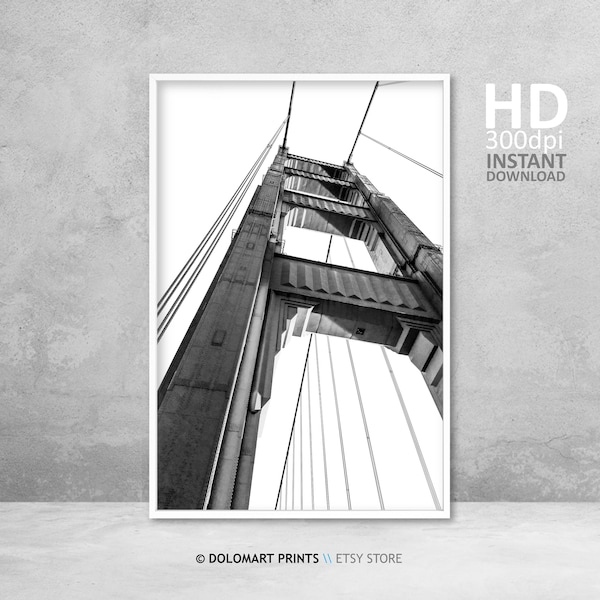 Puente Golden Gate, Impresión de San Francisco, Descarga digital, Impresión en blanco y negro, Arte moderno de mediados de siglo, Bellas artes en blanco y negro imprimible