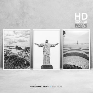 Conjunto de 3 impresiones arquitectónicas en blanco y negro de Río de Janeiro, conjunto de arte mural con fotografías de viajes de Río Brasil, arte imprimible de América del Sur de Brasil
