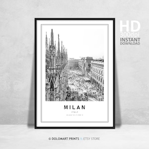 Milan Italy Print, Milan Travel Poster, Printable Wall Art Decor, Cathedral Dome, Black and White Coordinates Print, Europe Travel Poster