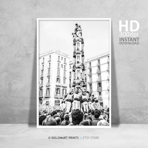 Impresión en blanco y negro de Barcelona, arte mural de torre humana de Cataluña, póster de arquitectura de España, decoración de habitación, póster de viaje, arte mural imprimible