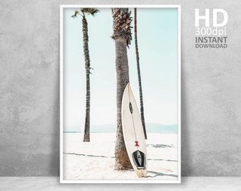 Stampa di tavola da surf sulla spiaggia, fotografia in stile vintage (download digitale)