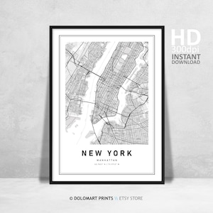 Impression de carte de New York, art mural imprimable, carte de New York, affiche de carte de Manhattan, New York, impression de carte des États-Unis, New York City, carte noir et blanc