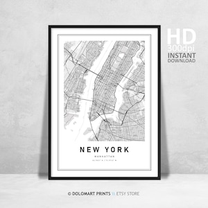 New York Map Print, Printable Wall Art, NYC Map, Manhattan Map Poster, NYC, United States Map Print, New York City, Black and White Map