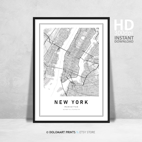 New York Map Print, Printable Wall Art, NYC Map, Manhattan Map Poster, NYC, United States Map Print, New York City, Black and White Map