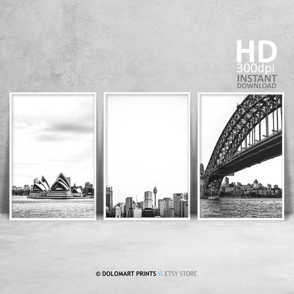 Sydney Australia Architecture Prints Gallery, Set of 3 Black and White Prints, Sydney Street Photography Wall Art, Living Room Home Decor