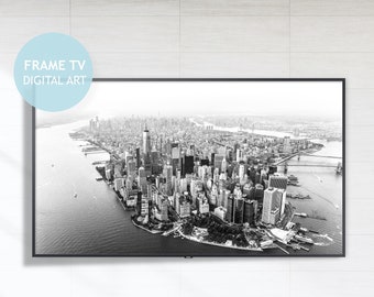 Samsung Frame TV Art, New York City Downtown Manhattan Skyline Aerial Black and White Architecture Photography Digital Art for The Frame, LG