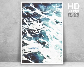 Blue Ocean Wave Photography Print, Modern Coastal Wall Art (Digital Download)