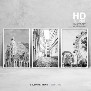 Vienna Architecture Black and White Prints Gallery, Set of 3 Prints, Vienna Austria Street Photography Wall Art Set, Vienna Printable Poster