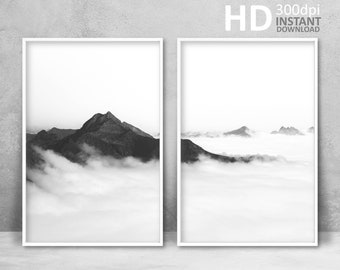 Nordic Mountain Photography Prints, Minimalist Black and White Art (Digital Download)
