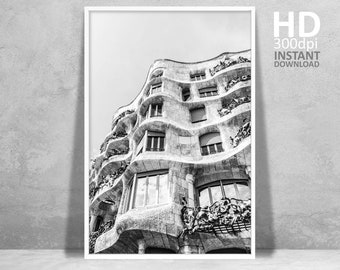 Barcelona Gaudi Architecture Print, Black and White Fine Art (Digital Download)