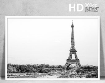 Paris Eiffel Tower Black and White Photography Print (Digital Download)