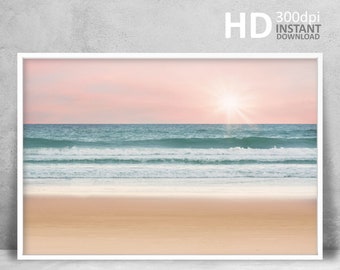 Blush Pink Sunset Beach Print, Minimalist Ocean Waves (Digital Download)