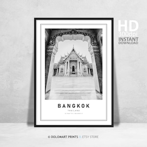 Bangkok Temples, Bangkok Street Travel Print, Bangkok Poster, Unique Wall Art Decor, Bangkok Thailand Black and White Coordinates Home Decor