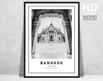 Bangkok Temple Print, Thailand Travel Photography, Black and White (Digital Download)