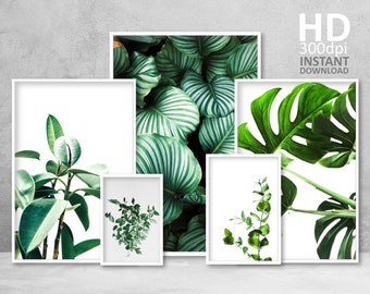 Tropical Green Leaves Gallery Wall Set, Botanic Art Prints (Digital Download)