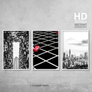 Hong Kong Black and White Prints, Hong Kong Prints Set, Hong Kong Skyline Poster, Set of 3, Hong Kong Printable Poster, Urban Architecture