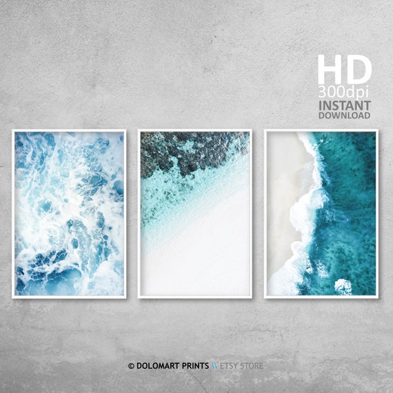 Coastal Beach Photography Print Set, Navy Blue Tropical Wall Art (Digital Download)