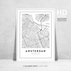 Mapas imprimíveis de Amsterdã, Mapa de Amsterdã, Mapa imprimível de alta resolução, Decoração moderna para casa, Presentes de mapa, Ideias para presentes, Pôster de viagem pela Europa