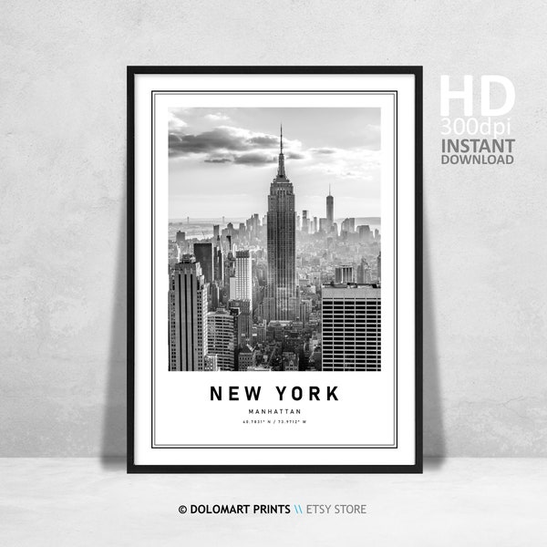 New York Printable Poster, New York Manhattan Skyline Empire State Building Black and White Coordinates Digital Print Instant Download Art