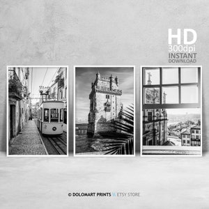 Lisbon Architecture Prints Gallery, Set of 3 Prints, Black and White Prints, Lisbon Street Photography, Lisboa Wall Art Set, Portugal Poster