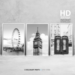 London Set of 3 Black and White Prints, London Wall Art Poster Set, Big Ben Tower, England UK Landmarks Architecture Photo Gallery Bundle