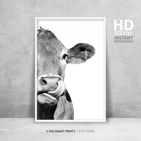 Art mural vache, impression vache drôle, décoration d'intérieur rustique, photographie de bétail, affiche imprimable animal noir blanc, décoration murale de ferme, art vache