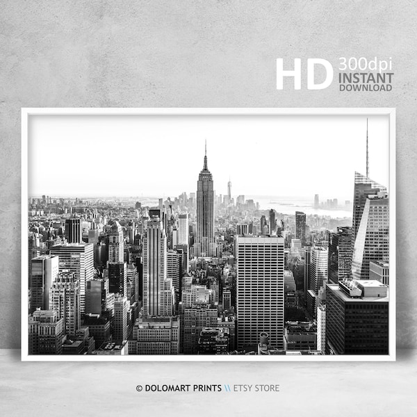 New York noir et blanc, décoration murale d'art de New York, impression d'horizon de New York, affiche imprimable de Manhattan, affiche de New York, art de New York