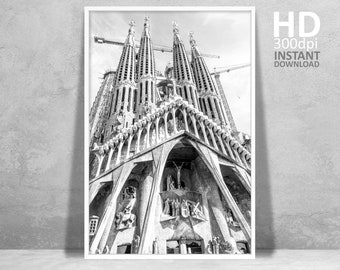Sagrada Familia Print, Black and White Barcelona Architecture (Digital Download)